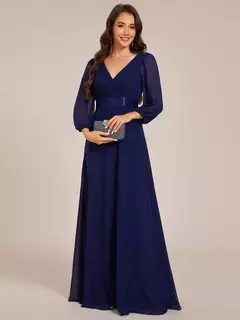 Vestidos de noche clásicos con cuello en V, mangas largas, cintura imperio, longitud hasta el suelo, vestido de dama de honor negro de gasa Ever Pretty 2025 - tienda en línea