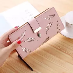 Cartera de moda para mujer, monedero de cuero PU para teléfono, bolsa de hojas huecas para mujer, bolso de mano para mujer, tarjeteros, carteras largas - tienda en línea