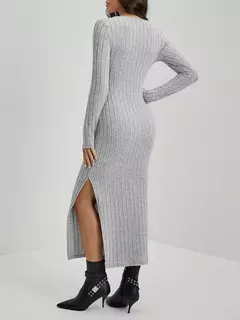 Mia Muse Vestidos de mujer Otoño Invierno tejidos a rayas con abertura en U cuello elástico básico ceñido al cuerpo largo Casual Maxi vestidos largos