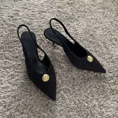 Zapatos de tacón alto negros a la moda para mujer, zapatos de tacón sexis con boca poco profunda y puntiaguda, zapatos de oficina con talón descubierto para primavera 2025 - buy online