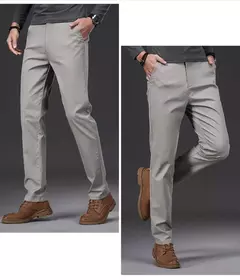 Image of Pantalones informales 97% algodón para hombre, moda de otoño, cómodos, elásticos, ajustados, rectos, de negocios, negro, verde militar, caqui