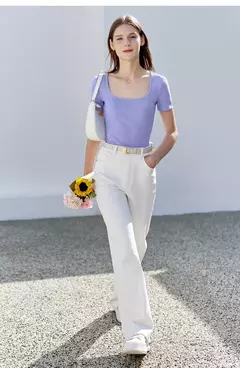 Image of AMII-camisetas minimalistas para mujer, camisetas con cuello en U, cómodas, elásticas, ajustadas, versátiles, de manga corta, para verano 2024 12342288