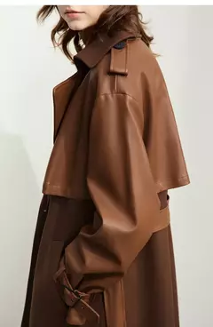 AMII gabardina minimalista para mujer 2024 Otoño Invierno nueva sarga empalmada de cuero PU prendas de vestir exteriores largas para ir al trabajo 12444001 - Eleganzie