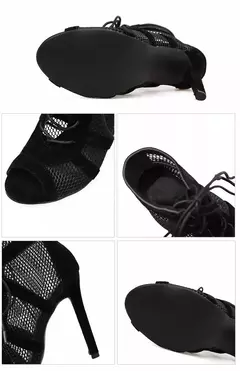 Nuevo desfile de moda, Sandalias sexis de tacón alto con tiras cruzadas de tela de red negra, zapatos de tacón para mujer, sandalias con cordones y Punta abierta, malla informal - buy online