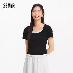 Semir-Camiseta de manga corta para mujer, Top corto falso de dos piezas, versátil, novedad de verano 2021, Top ajustado con cuello en U, adelgazante para estilo elegante