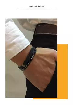 Vnox, pulseras de cuero genuino con líneas de coser únicas para hombres y mujeres, brazalete en capas con barra de acero inoxidable, Pulseira informal - tienda en línea