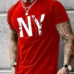Camiseta holgada informal de algodón puro 100% de verano para hombre de talla grande con estampado de letras NY, camiseta deportiva cómoda de manga corta con cuello redondo - buy online