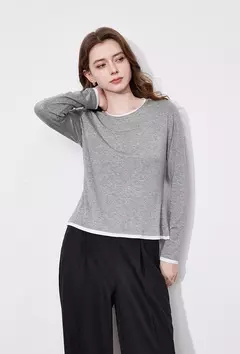 Imagen de TOYOUTH-Camiseta de manga larga para mujer, Tops versátiles de dos piezas falsos con empalme contrastante de Lyocell, primavera 2025