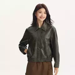 Semir-chaqueta de cuero PU con textura Retro para mujer, abrigo holgado con cuello, estilo callejero, novedad de otoño, 2024 - comprar en línea