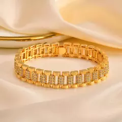 Pulsera de Cadena con Bloques e Incrustaciones de Circonita – Lujo Dorado - tienda en línea