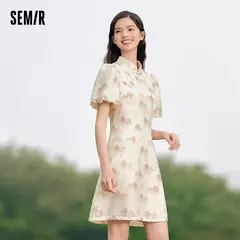 Semir-vestido con estampado de pintura de tinta para mujer, vestido Cheongsam abotonado con mangas de burbuja, novedad de verano 2024