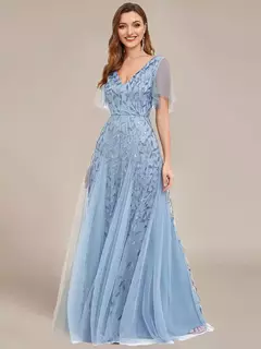 Vestido de noche elegante con escote en V profundo, mangas con volantes y mangas cortas, vestido de dama de honor con lentejuelas de gasa azul cielo 2025