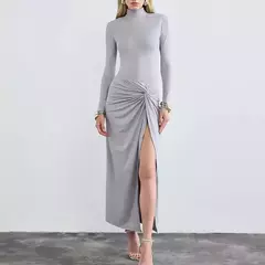 Imagen de Vestidos de mujer nuevo otoño sólido Sexy Split elegante Maxi vestido ropa de calle moda manga larga cuello alto Casual vestido delgado Mujer