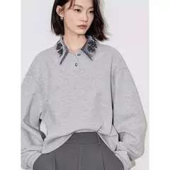 Imagen de TOYOUTH-sudaderas con capucha para mujer, Jersey de manga larga con cuello vuelto y bordado de cuentas, Tops grises, otoño 2024