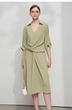 AMII vestido minimalista mujer 2025 primavera nuevo elegante Oficina señora solapa cuello pico ajustado no elástico plisado hasta la rodilla vestido acampanado 12521027 on internet