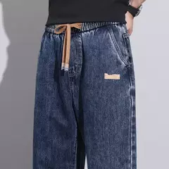 Pantalones vaqueros elásticos de cintura elástica para hombre, ropa de calle suelta, longitud completa, pantalones vaqueros rectos de pierna ancha con cordón, azul oscuro - buy online