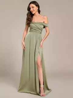 Imagen de Vestidos de noche elegantes con hombros descubiertos, mangas cortas plisadas hasta el suelo, vestido de dama de honor verde salvia de corte A, 2025