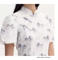 Imagen de Semir-vestido con estampado de pintura de tinta para mujer, vestido Cheongsam abotonado con mangas de burbuja, novedad de verano 2024