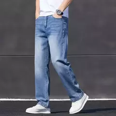 Primavera Verano hombres Color sólido lavado azul claro negocios Casual versátil suave transpirable suelto recto pantalones elásticos para hombres on internet