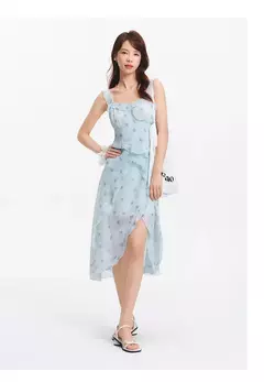 Semir-vestido de diseñador para mujer, gasa con estampado Floral, novedad de verano 2021, sin tirantes, dobladillo con volantes, estilo de vacaciones - Eleganzie