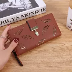 Cartera de moda para mujer, monedero de cuero PU para teléfono, bolsa de hojas huecas para mujer, bolso de mano para mujer, tarjeteros, carteras largas - comprar en línea