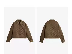 TOYOUTH Chaqueta de algodón para mujer 2024 Otoño e Invierno nuevo estilo de dinero viejo rejilla cuello POLO botón a presión Chaqueta corta abrigo marrón