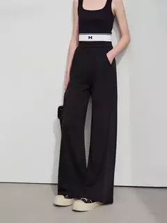AMII-pantalones de pierna ancha minimalistas para mujer, pantalón largo negro, holgado, informal, versátil, con cintura elástica, primavera 2025 12521056 - Eleganzie