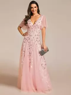 Vestido de noche elegante con escote en V profundo, mangas con volantes y mangas cortas, vestido de dama de honor con lentejuelas de gasa azul cielo 2025 en internet