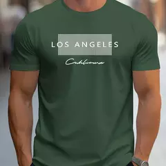 Camiseta holgada de verano 100% algodón para hombre, camiseta de manga corta con estampado gráfico de Los Ángeles grande, ajustada, informal, deportiva, con cuello redondo - Eleganzie