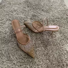 Nuevas sandalias de verano para mujer, calzado de tacón alto de malla brillante con diamantes de imitación, zapatos de tacón elegantes con talón descubierto y puntiagudos para fiesta para mujer - Eleganzie