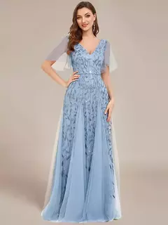 Vestido de noche elegante con escote en V profundo, mangas con volantes y mangas cortas, vestido de dama de honor con lentejuelas de gasa azul cielo 2025 - comprar en línea