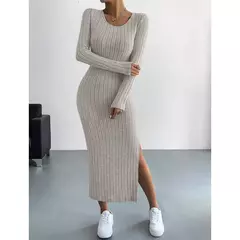 Mia Muse Vestidos de mujer Otoño Invierno tejidos a rayas con abertura en U cuello elástico básico ceñido al cuerpo largo Casual Maxi vestidos largos