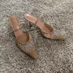 Image of Nuevas sandalias de verano para mujer, calzado de tacón alto de malla brillante con diamantes de imitación, zapatos de tacón elegantes con talón descubierto y puntiagudos para fiesta para mujer