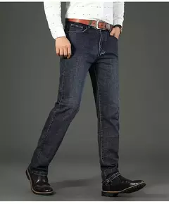 Image of Pantalones vaqueros clásicos de moda de negocios para hombre, pantalones vaqueros informales rectos elásticos azules y negros para trabajo, ropa de marca para hombre