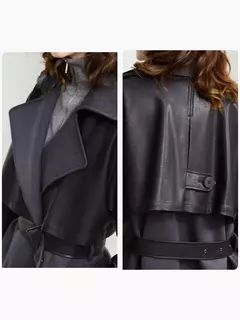 AMII gabardina minimalista para mujer 2024 Otoño Invierno nueva sarga empalmada de cuero PU prendas de vestir exteriores largas para ir al trabajo 12444001 - Eleganzie