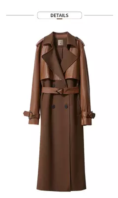 Image of AMII gabardina minimalista para mujer 2024 Otoño Invierno nueva sarga empalmada de cuero PU prendas de vestir exteriores largas para ir al trabajo 12444001