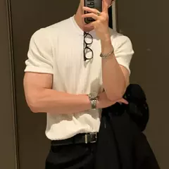 Ropa de verano para hombre, camiseta ligera de lujo, ocio, manga larga, cuello redondo, drapeado, Color sólido, camisa básica holgada, prendas de punto populares - Eleganzie