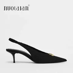 Zapatos de tacón alto negros a la moda para mujer, zapatos de tacón sexis con boca poco profunda y puntiaguda, zapatos de oficina con talón descubierto para primavera 2025 - Eleganzie