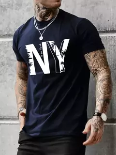 Camiseta holgada informal de algodón puro 100% de verano para hombre de talla grande con estampado de letras NY, camiseta deportiva cómoda de manga corta con cuello redondo on internet