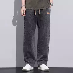 Pantalones vaqueros elásticos de cintura elástica para hombre, ropa de calle suelta, longitud completa, pantalones vaqueros rectos de pierna ancha con cordón, azul oscuro on internet
