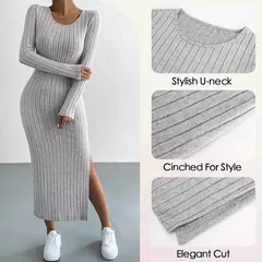Mia Muse Vestidos de mujer Otoño Invierno tejidos a rayas con abertura en U cuello elástico básico ceñido al cuerpo largo Casual Maxi vestidos largos