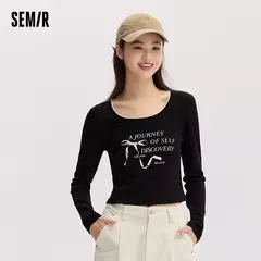 Semir-Camiseta de manga larga para mujer, Top ajustado de encaje suave, estilo corto con lazo y diseño de letras dulces, novedad de otoño, 2024 - Eleganzie