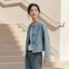 Semir chaqueta vaquera mujer estilo corto cuello redondo dulce y fresco 2025 nueva primavera chaqueta Jacquard con nudo chino nicho en internet