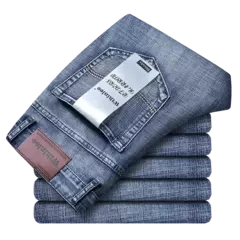2025 moda cuatro estaciones clásico azul negro trabajo pantalones vaqueros hombres Jeans Casual recto estiramiento ropa de marca masculina - Eleganzie