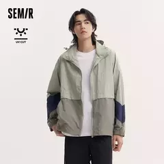 Chaqueta Semir holgada para hombre, protección solar para acampar al aire libre, Top con capucha, bloque de Color de verano, textura arrugada de retales, moda