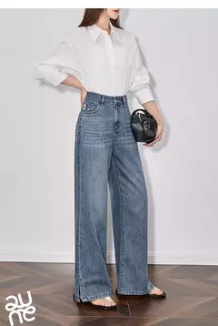 TOYOUTH Jeans de mezclilla para mujer 2025 primavera hechos a mano nuevos pantalones largos de pierna ancha rectos lavados azul claro - comprar en línea