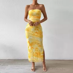 Imagen de Mia Muse-vestidos de vacaciones de verano con estampado gráfico decente, sin tirantes, sin mangas, con hombros descubiertos, Maxi vestidos con abertura lateral para mujer
