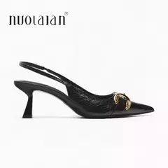 Zapatos de tacón alto de aguja para mujer, calzado de cuero negro, punta estrecha, Sexy, talla grande 42, 2023