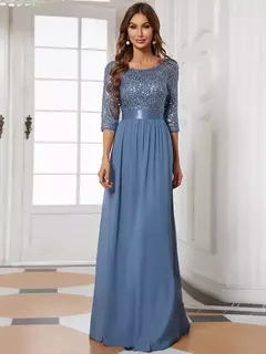 Vestidos de Noche elegantes, vestido largo de encaje de manga tres cuartos con cuello redondo, corte en A, 2021, vestido sencillo de graduación para mujer Ever Pretty Of Orchid