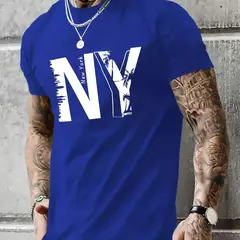 Camiseta holgada informal de algodón puro 100% de verano para hombre de talla grande con estampado de letras NY, camiseta deportiva cómoda de manga corta con cuello redondo - Eleganzie